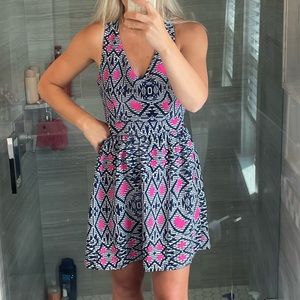 Navy and pink print dress, criss cross back